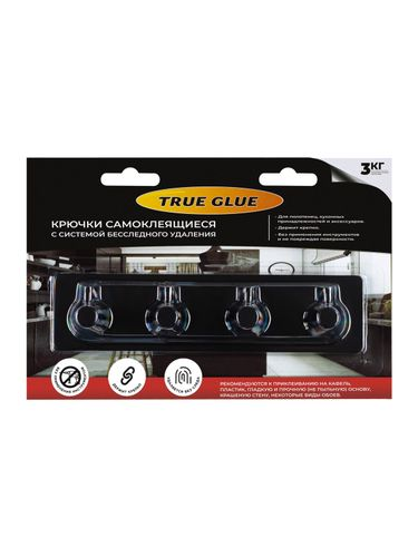 Крючок четверной черный стальной TRUE GLUE самоклеящийся квадратный с фиксатором 1 шт, изображение