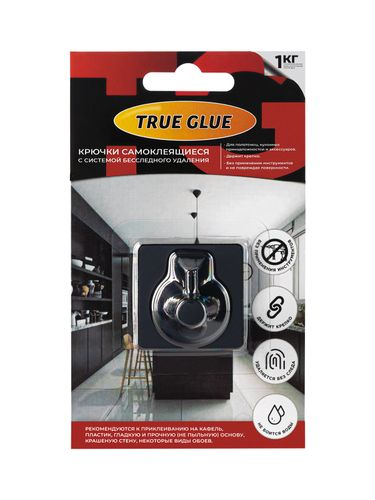 Крючок черный стальной TRUE GLUE самоклеящийся квадратный с фиксатором 1 шт, изображение