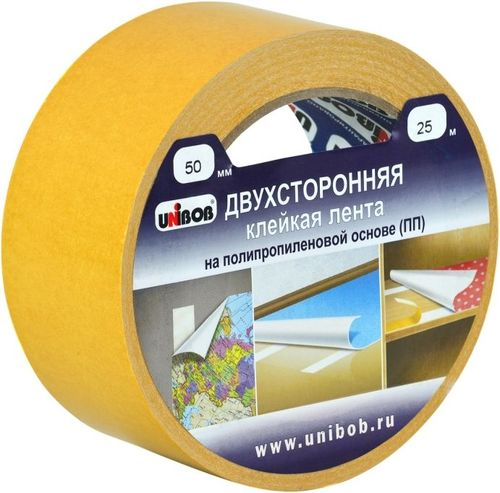Двухсторонняя клейкая лента UNIBOB, на основе полипропилена 50мм х 25м, изображение