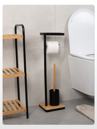 Стойка FORA BAMBOO STYLE с держателем туалетной бумаги, ерша и полкой, черный/бамбук, картинка