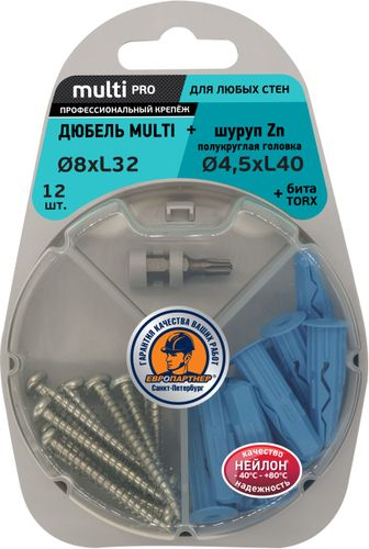 Дюбель универсальный ЕВРОПАРТНЕР MULTI 8х32 с шурупом 4,5x40 c полукруглой головой с битой TX 12 шт, крупный план