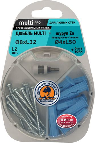 Дюбель универсальный ЕВРОПАРТНЕР MULTI 8х32 с шурупом 4x50 c полукруглой головой с битой TX 12 шт, изображение