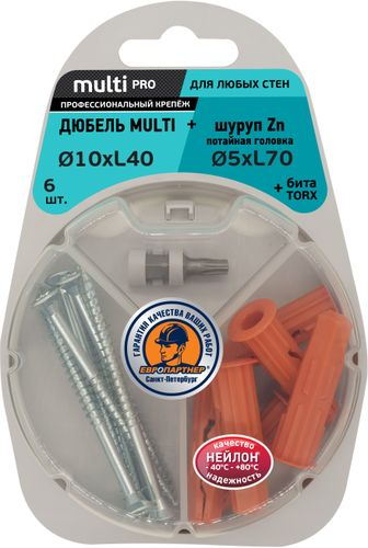 Дюбель универсальный ЕВРОПАРТНЕР MULTI Plug 10х40 с шурупом 5x70 c потайной головой с битой TX 6 шт, картинка