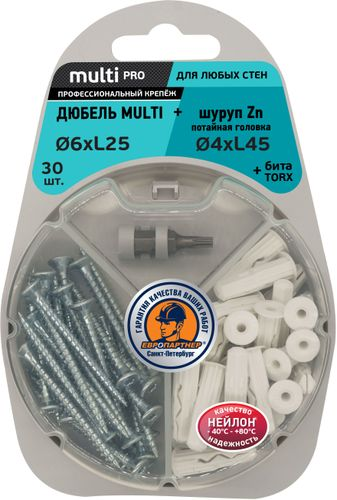 Дюбель универсальный ЕВРОПАРТНЕР MULTI Plug 6х25 с шурупом 4x45 c потайной головой с битой TX 30 шт, фотография