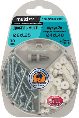Дюбель универсальный ЕВРОПАРТНЕР MULTI 6х25 с шурупом 4x40 c полукруглой головой с битой TX 30 шт, картинка