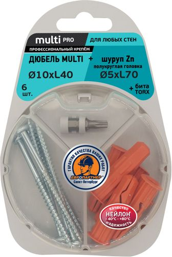 Дюбель универсальный ЕВРОПАРТНЕР MULTI 10x40 с шурупом 5x70 мм c полукруглой головой с битой TX 6 шт, фото