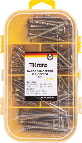 Набор саморезов и дюбелей для дсп KRANZ 4х8,5х15мм, Арт. KR-01-3101-06, 170шт, изображение