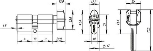 Цилиндровый механизм PUNTO (Z402/60) Z4002Knob60(25+10+25) с вертушкой PB латунь, изображение