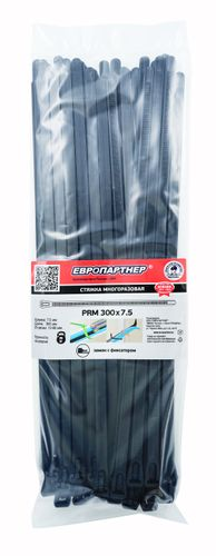 Стяжка многоразовая ЕВРОПАРТНЕР PRM 7,5х300 мм нейлон черная 50 шт, вид