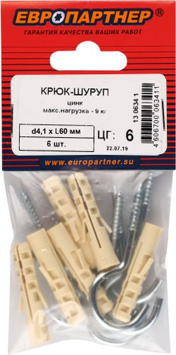 Крюк-шуруп ЕВРОПАРТНЕР 4,1x60 мм оцинкованный 6 шт, фотография