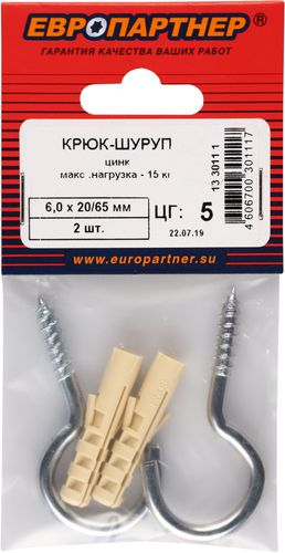 Крюк-шуруп ЕВРОПАРТНЕР 6,0x65 мм оцинкованный 2 шт, детальное фото