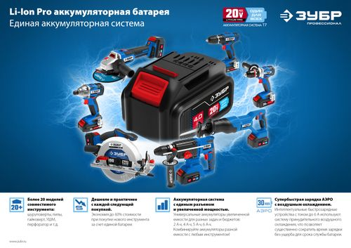 Аккумуляторная батарея ЗУБР Профессионал T7 ST7-20-4 20В Li-Ion 4 Ач, изображение