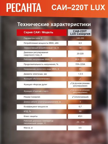 Сварочный инвертор РЕСАНТА САИ 220Т LUX, изображение