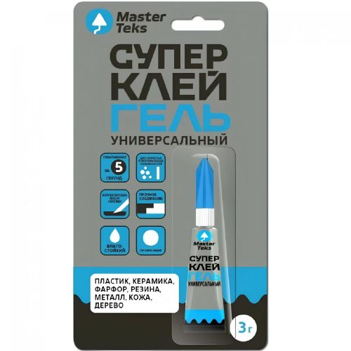 MasterTeks супер-клей гель цианоакрилатный универсальный 3 гр прозрачный, крупный план