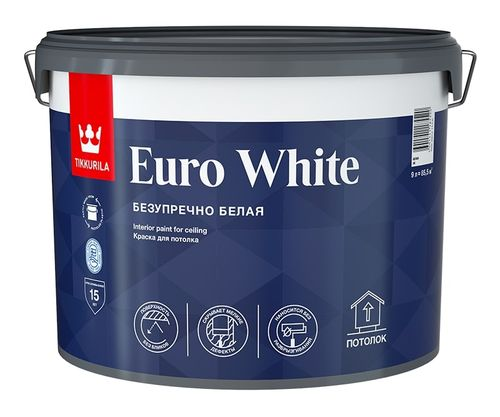 Краска интерьерная Tikkurila/Tikkivala Euro White глубокоматовая белая 9 л, картинка