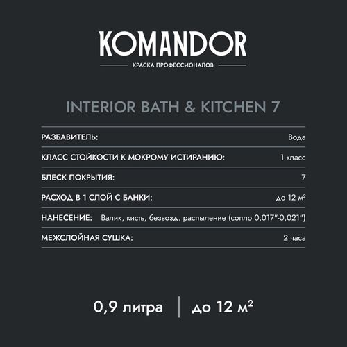 Краска влагостойкая матовая KOMANDOR INTERIOR BATH&KITCHEN 7 БАЗА C 0,9 Л, картинка