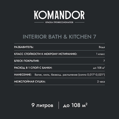 Краска влагостойкая матовая KOMANDOR INTERIOR BATH&KITCHEN 7 БАЗА A 9 Л, крупный план