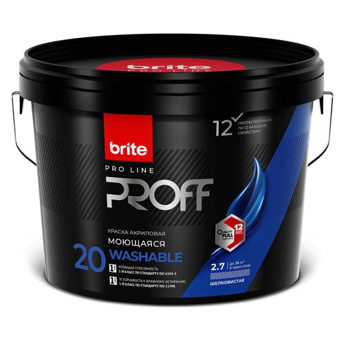 Краска интерьерная моющаяся BRITE PROFESSIONAL белая база А ведро 2,7 л, детальное фото