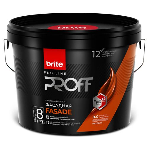 Краска фасадная матовая BRITE PROFESSIONAL белая база А ведро 9 л, изображение