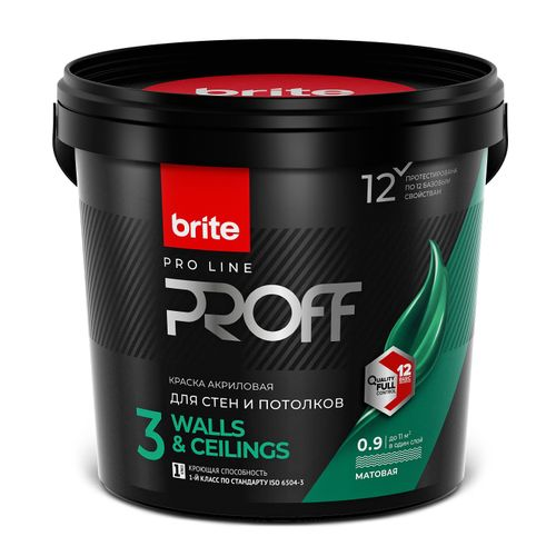 Краска для стен и потолков матовая BRITE PROFESSIONAL белая база А банка 0,9 л, детальное фото
