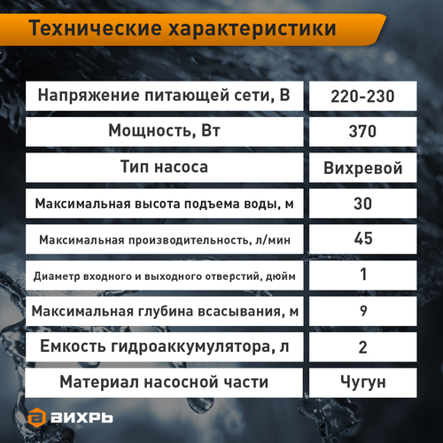 Станция насосная ВИХРЬ 370Вт, АСВ-370/2Ч, детальное фото