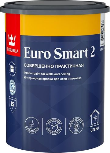Краска интерьерная Tikkurila/Tikkivala Euro Smart 2 глубокоматовая белая 0,9 л, фото
