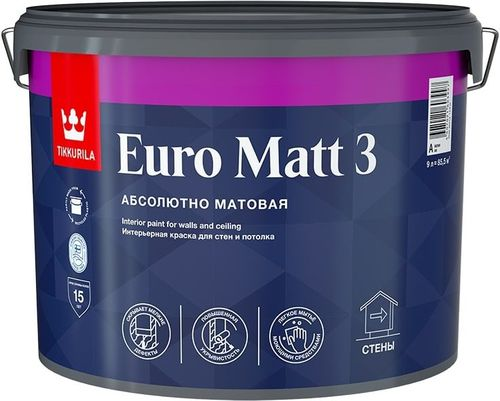Краска интерьерная Tikkurila/Tikkivala Euro Matt 3 гладкая глубокоматовая база А 9 л, фотография