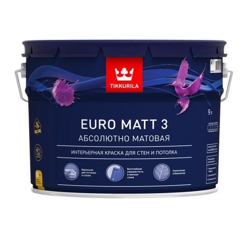 Краска интерьерная Tikkurila/Tikkivala Euro Matt 3 гладкая глубокоматовая база А 9 л, крупный план