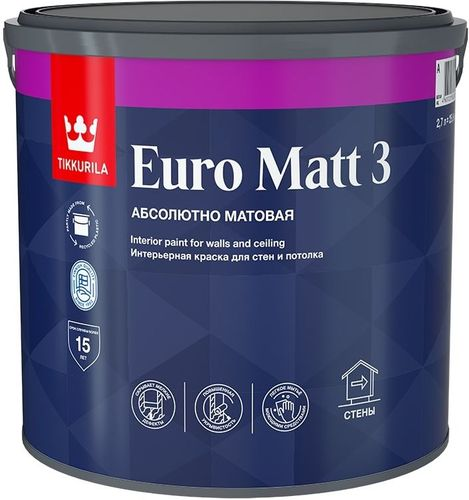 Краска интерьерная Tikkurila/Tikkivala Euro Matt 3 глубокоматовая белая 2,7 л, картинка