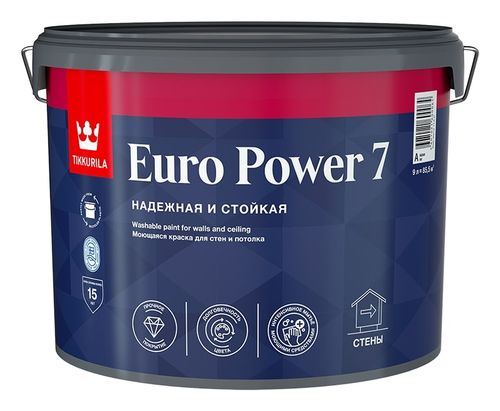 Краска интерьерная Tikkurila/Tikkivala Euro Power 7 матовая база C 9 л, фотография
