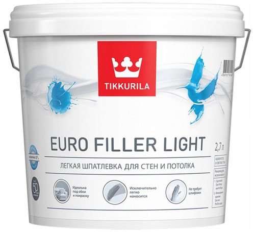 Шпатлевка финишная акриловая Tikkurila/Tikkivala Euro Filler Light белая 2,7 л, детальное фото