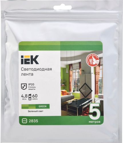 Светодиодная лента IEK SMD 2835 60LED IP20 12В 4,8Вт зеленый 5 м, изображение