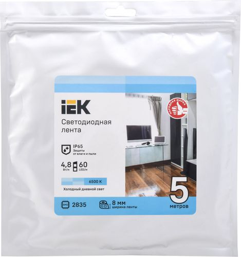 Светодиодная лента IEK SMD 2835 60LED IP65 12В 4,8Вт белый холодный 5 м, крупный план