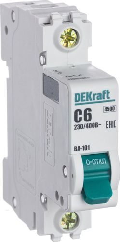 Автоматический выключатель DEKRAFT ВА-101 1P C6 A 4,5 кА, крупный план
