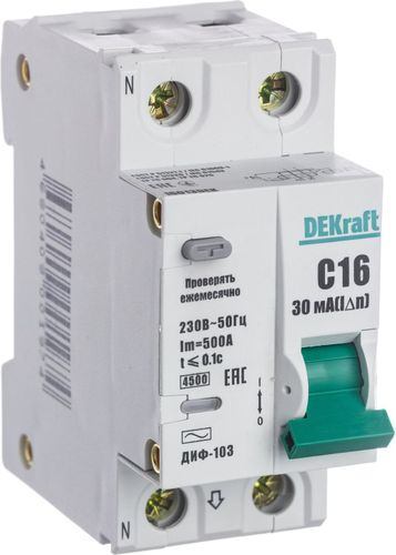 Авто-выключатель дифференциального тока DEKRAFT ДИФ-103 1P+N C16 А 30 мА 4,5 кА, детальное фото