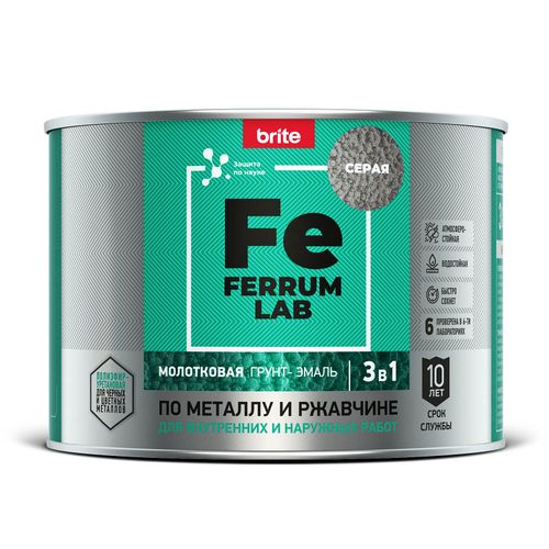 Грунт-эмаль FERRUM LAB по ржавчине 3 в 1 молотковая серая, банка 0,4 л, крупный план