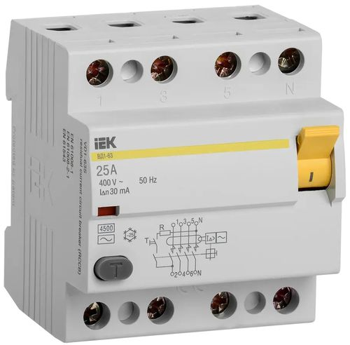 Выключатель УЗО IEK ВД1-63 4Р 25А 30мА, фото