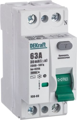 Дифференциальный выключатель DEKRAFT УЗО-03 2P AC63 A 30 мА 6 кА, детальное фото