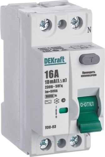 Дифференциальный выключатель DEKRAFT УЗО-03 2P AC16 A 10 мА 6 кА, крупный план