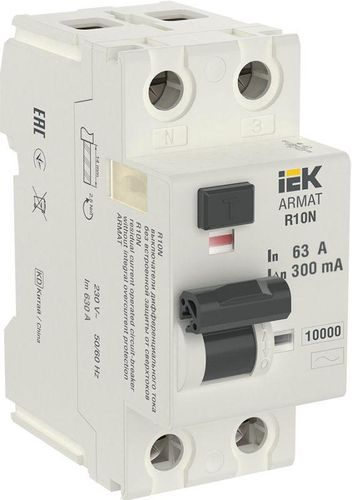 Выключатель дифференциального тока IEK ARMAT R10N 2P 63А 300мА тип AC, крупный план