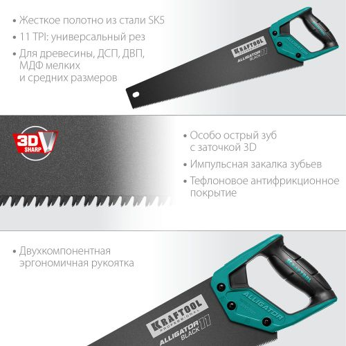 Ножовка по дереву KRAFTOOL 11tpi 450 мм, крупный план