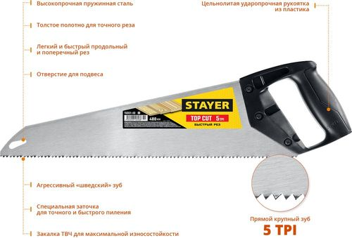 Ножовка по дереву Stayer 5tpi 400 мм, детальное фото