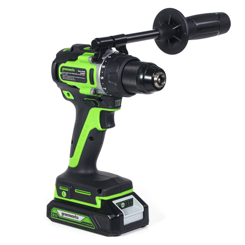 Дрель-шуруповерт аккумуляторный GREENWORKS GD24DD90 24V 2x4Ач ЗУ, крупный план
