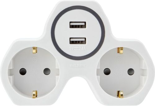 Двойник+2 USB порта REXANT белый, крупный план