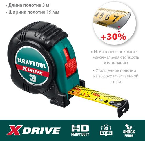 Рулетка ударпрочнная KRAFTOOL обрезиненная 3 м х 19 мм, вид