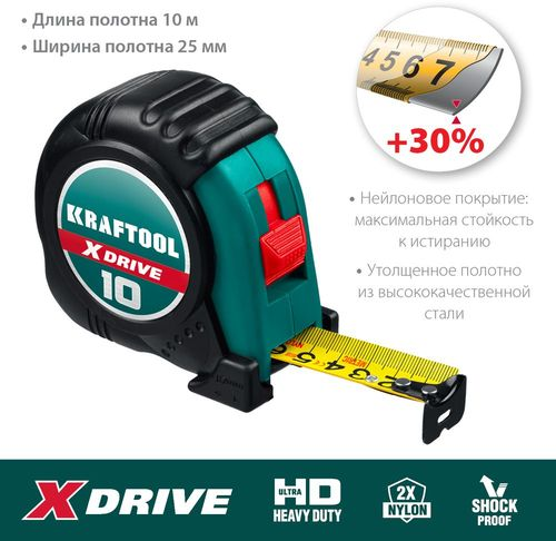Рулетка ударпрочнная KRAFTOOL обрезиненная 10 м х 25 мм, картинка