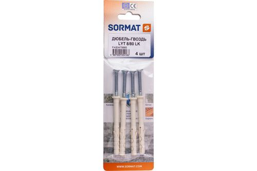 Дюбель-гвоздь SORMAT LYT 8/80 LK SP нейлон 4 шт, крупный план