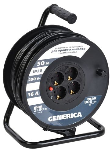 Катушка IEK GENERICA с термозащитой 4 места 2P+PE/50м 3х1,5 мм2, крупный план