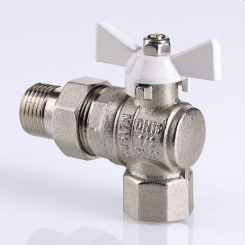 Кран шаровый латунь никелированный VALTEC Base угловой 3/4", крупный план