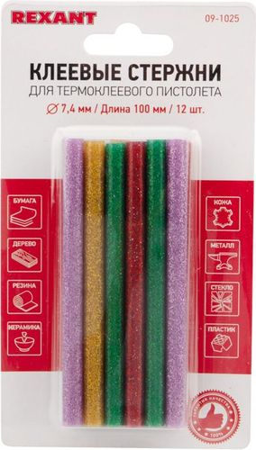 Клеевые стержни REXANT 100 мм / 7 мм цветные с блестками 12 шт, вид
